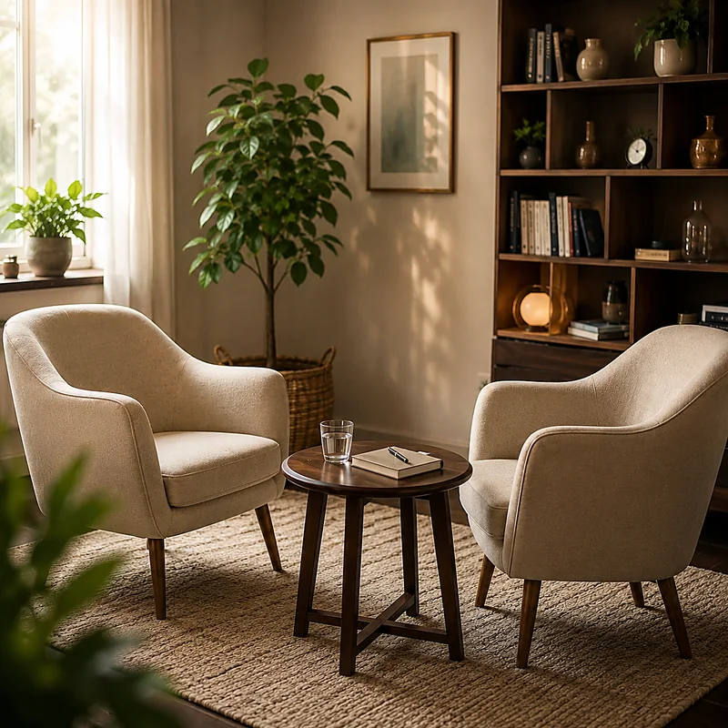 Studio con due poltrone chiare, piante e libreria